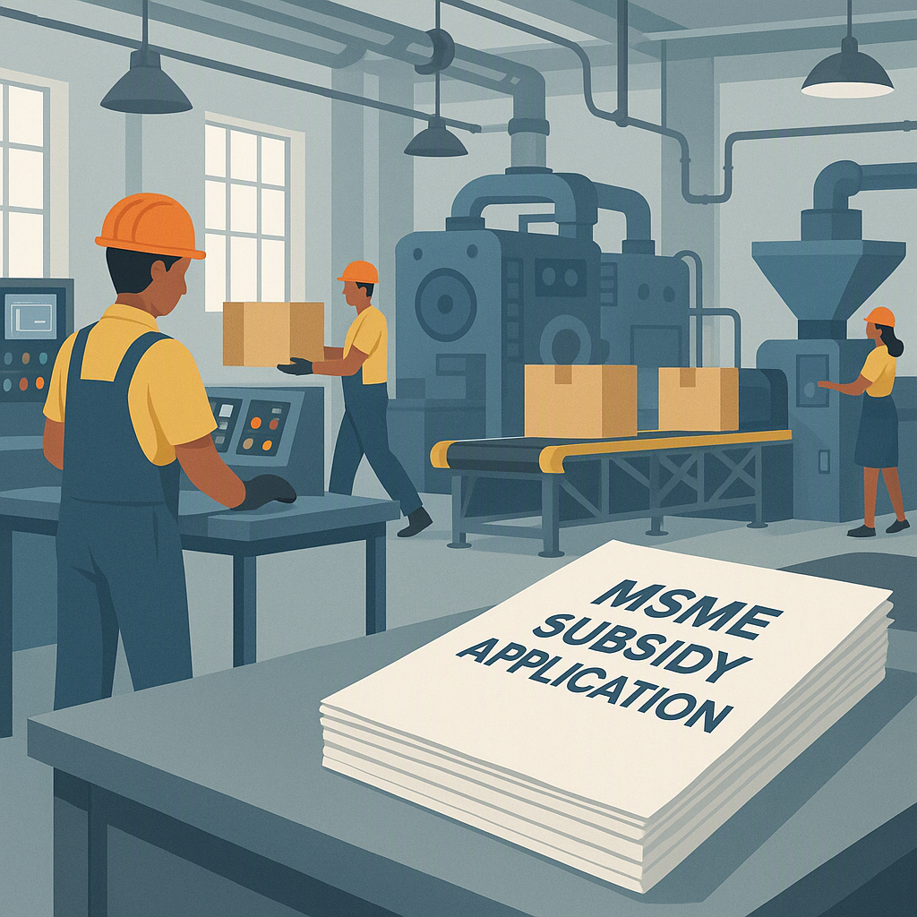 A detailed illustration of an Indian factory setting with machinery, workers, and a stack of documents labeled 'MSME Sub...