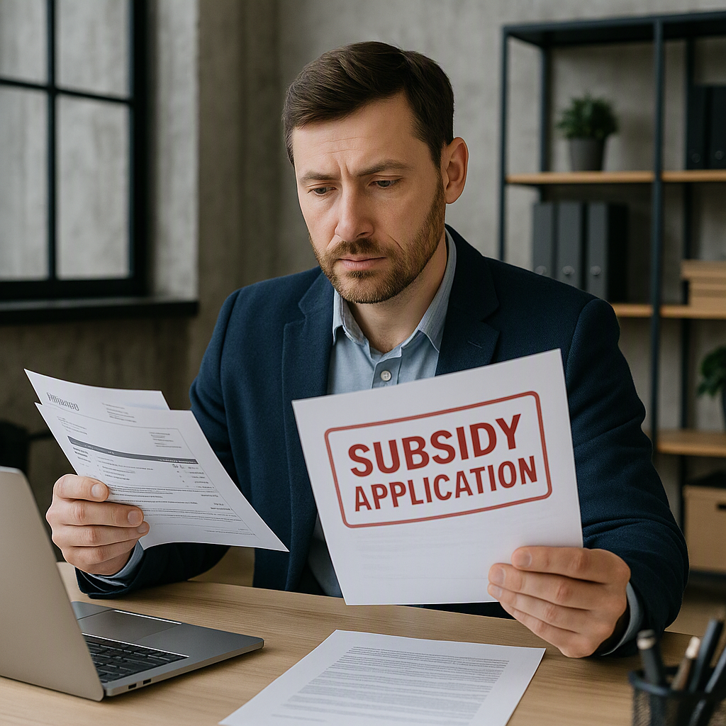 A business owner reviewing a stack of invoices and government forms with a large 'SUBSIDY APPLICATION' stamp, set in an...