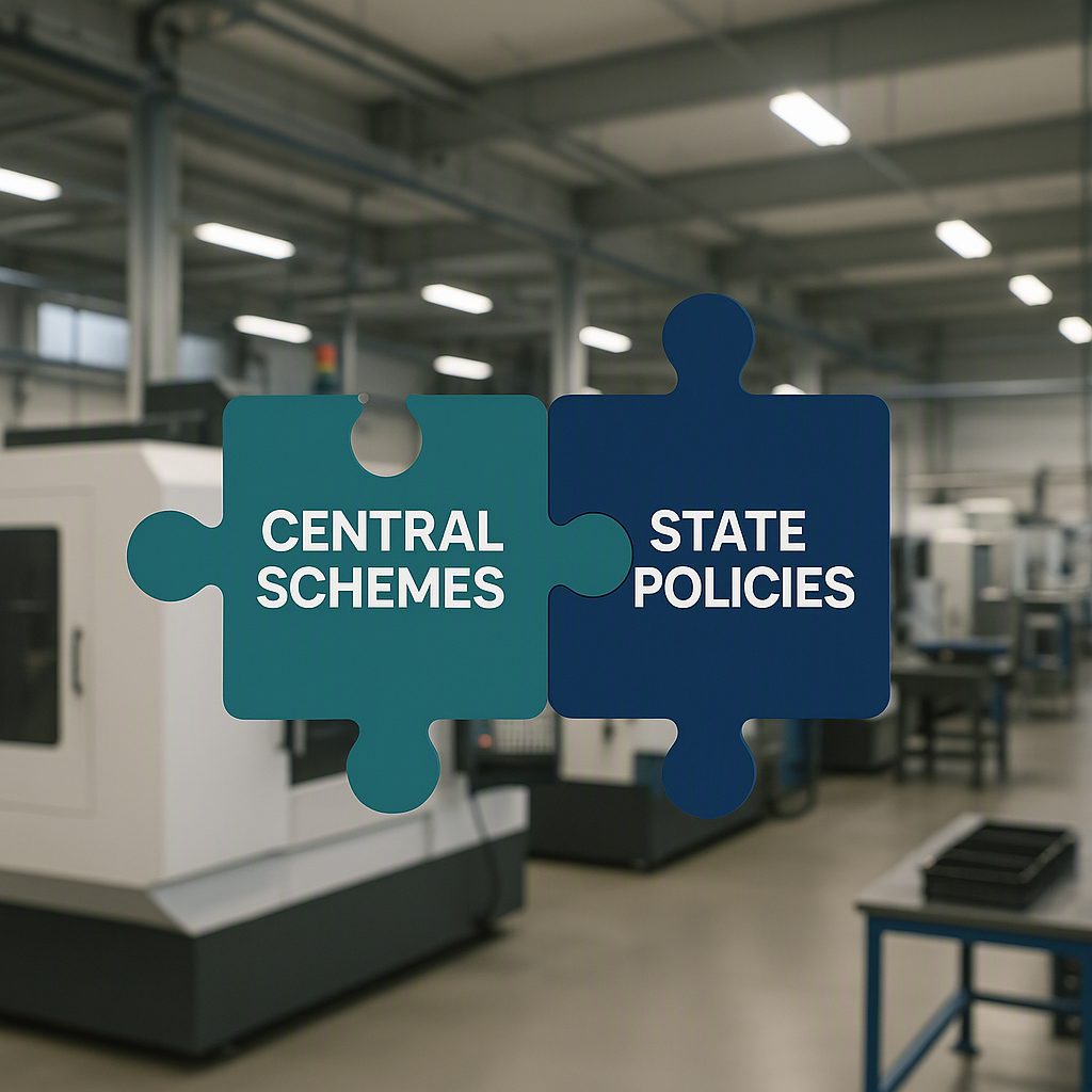 An infographic-style image showing two interlocking puzzle pieces labeled 'Central Schemes' and 'State Policies' with a...