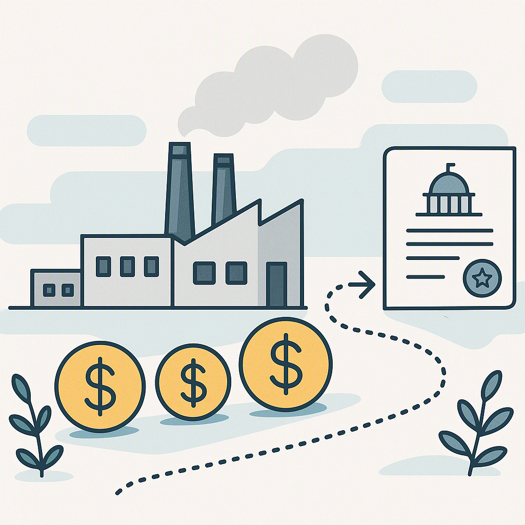 A clear, professional illustration of a factory with money symbols and government documents, showing a pathway to fundin...