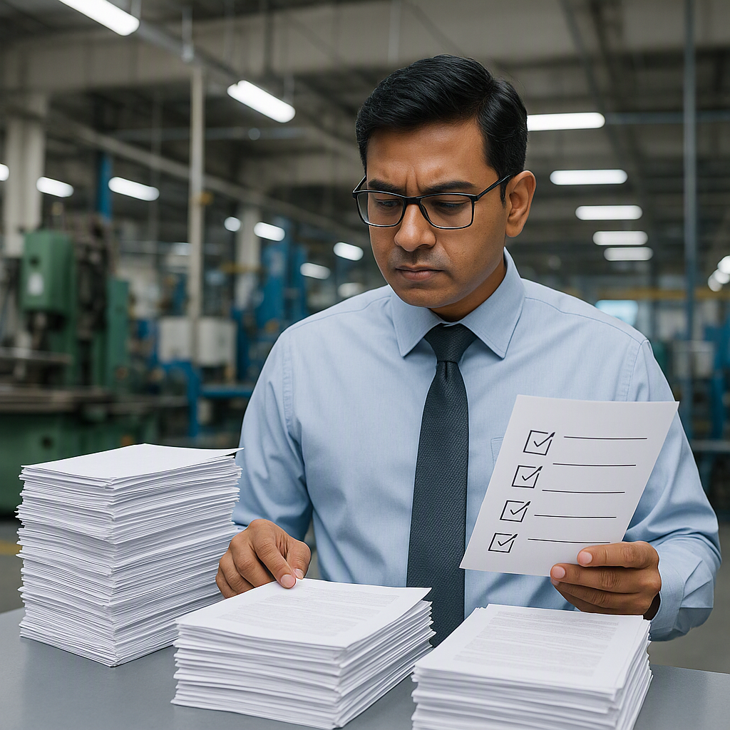 An Indian manufacturing unit manager reviewing stacks of documents with a checklist in hand, symbolizing the complexity...