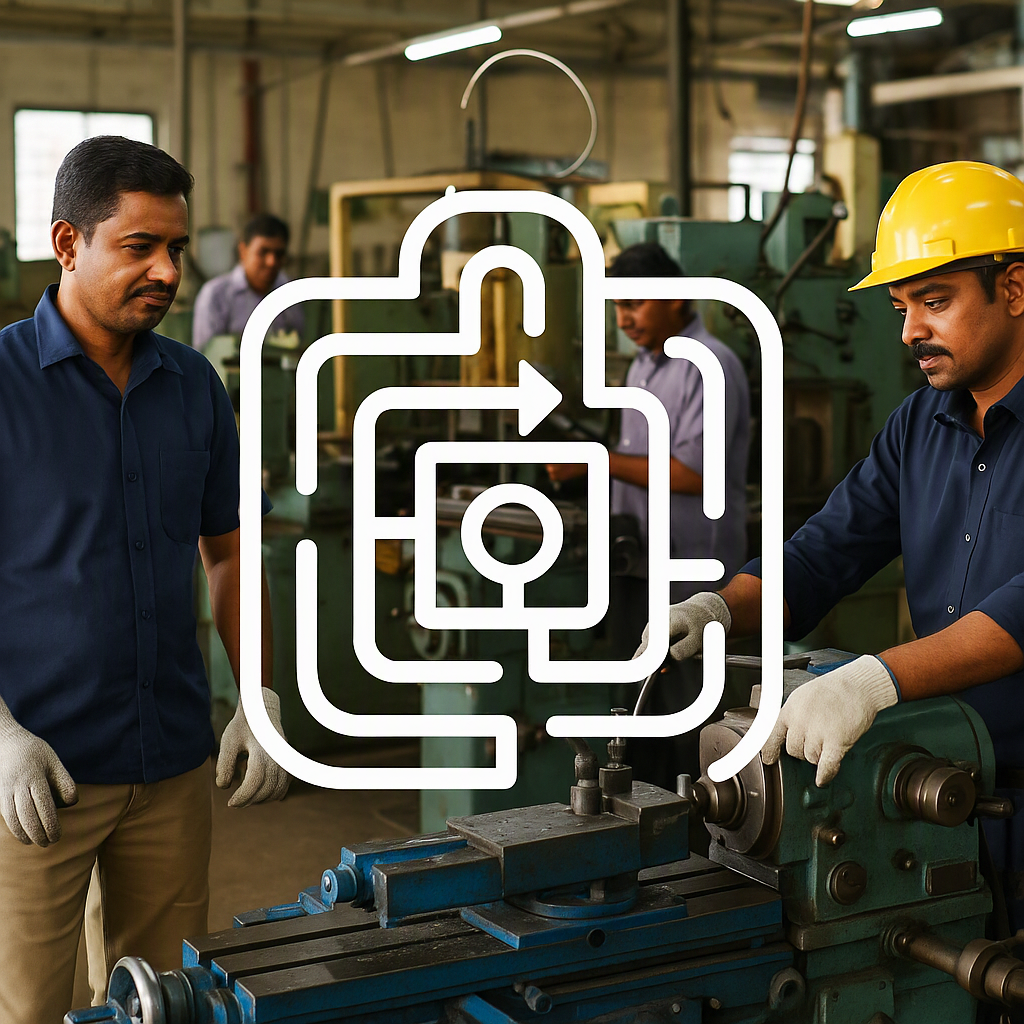 An Indian MSME factory with workers and machinery, overlaid with a maze-like graphic symbolizing subsidy navigation.