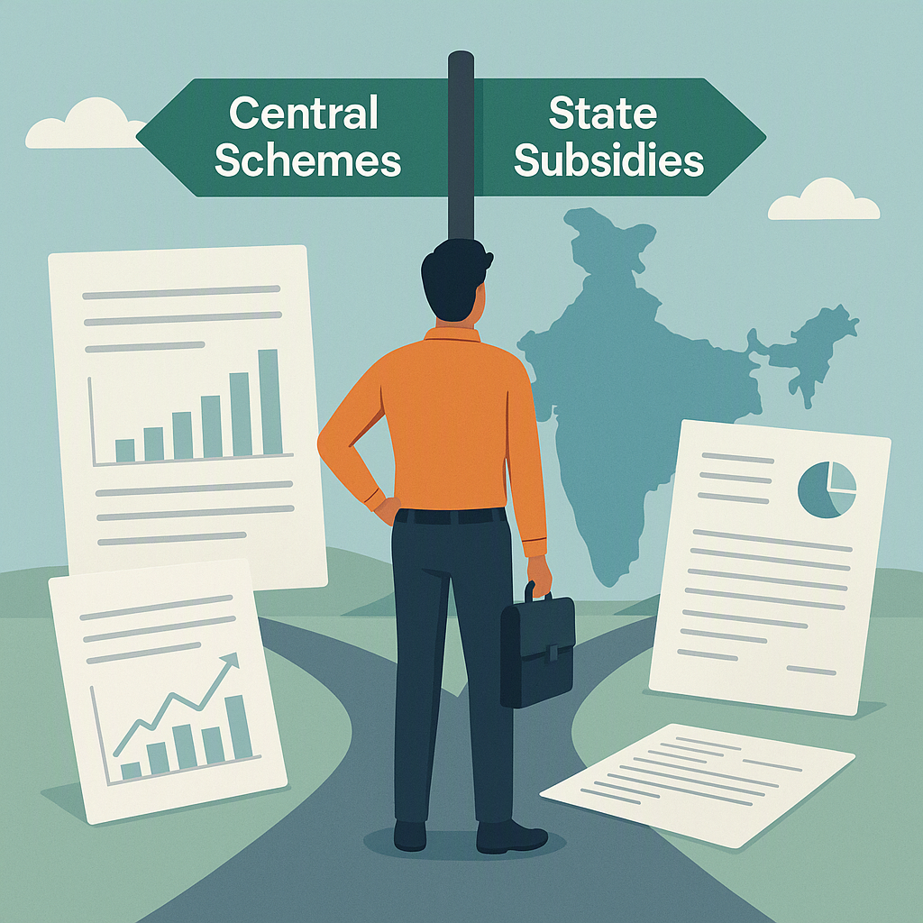 A visually detailed illustration showing an MSME owner standing at a crossroads with two signs labeled 'Central Schemes'...