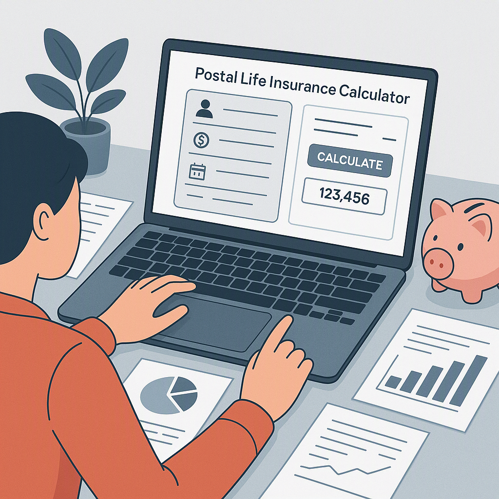 A detailed illustration of a person using a laptop with a Postal Life Insurance Calculator on the screen, surrounded by...