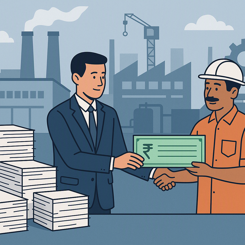 A detailed illustration of an industrial factory with stacks of paperwork and a government official handing out a financ...
