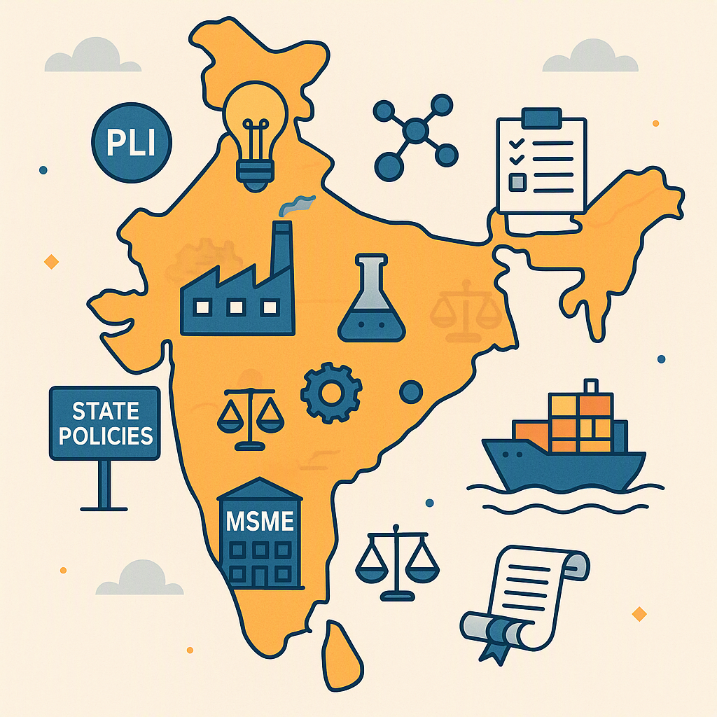 A detailed illustration of India with icons representing various industries like manufacturing, R&D, and exports. Includ...