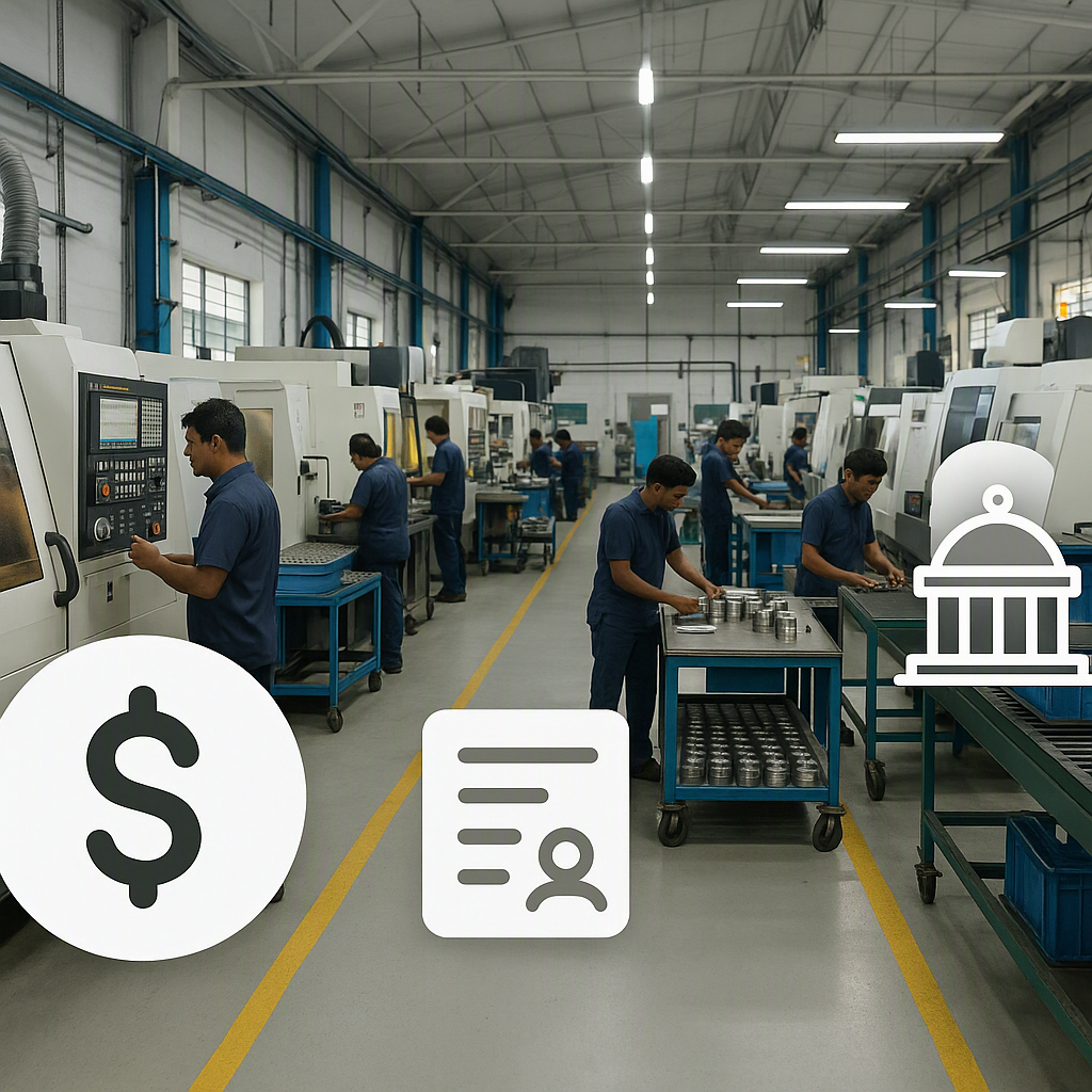 A modern manufacturing unit in India, with workers and machines in action, overlaid with icons representing money, docum...
