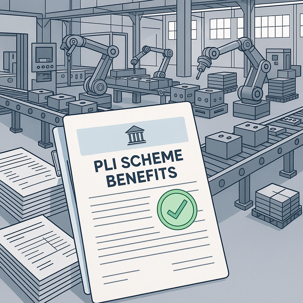 A detailed illustration of a manufacturing facility with assembly lines, stacks of invoices, and a highlighted governmen...