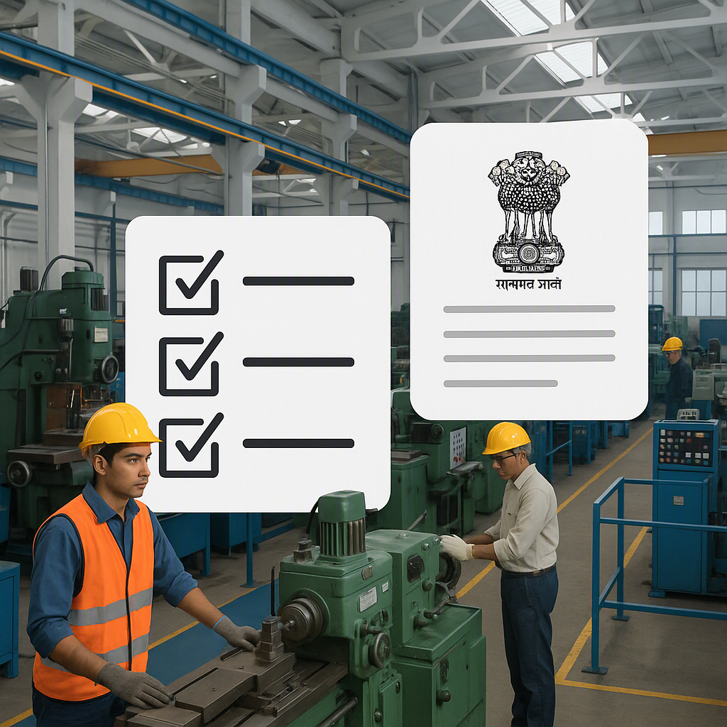 An Indian manufacturing plant with machinery and workers, overlaid with a checklist and an official-looking government d...