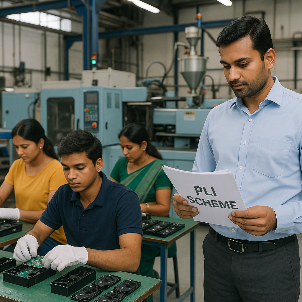 An Indian MSME factory floor with workers assembling electronics, a manager reviewing papers labeled 'PLI Scheme', and a...