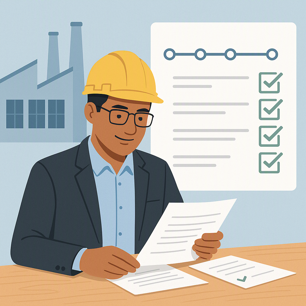 A professional yet approachable illustration of an Indian manufacturing unit manager reviewing subsidy application docum...