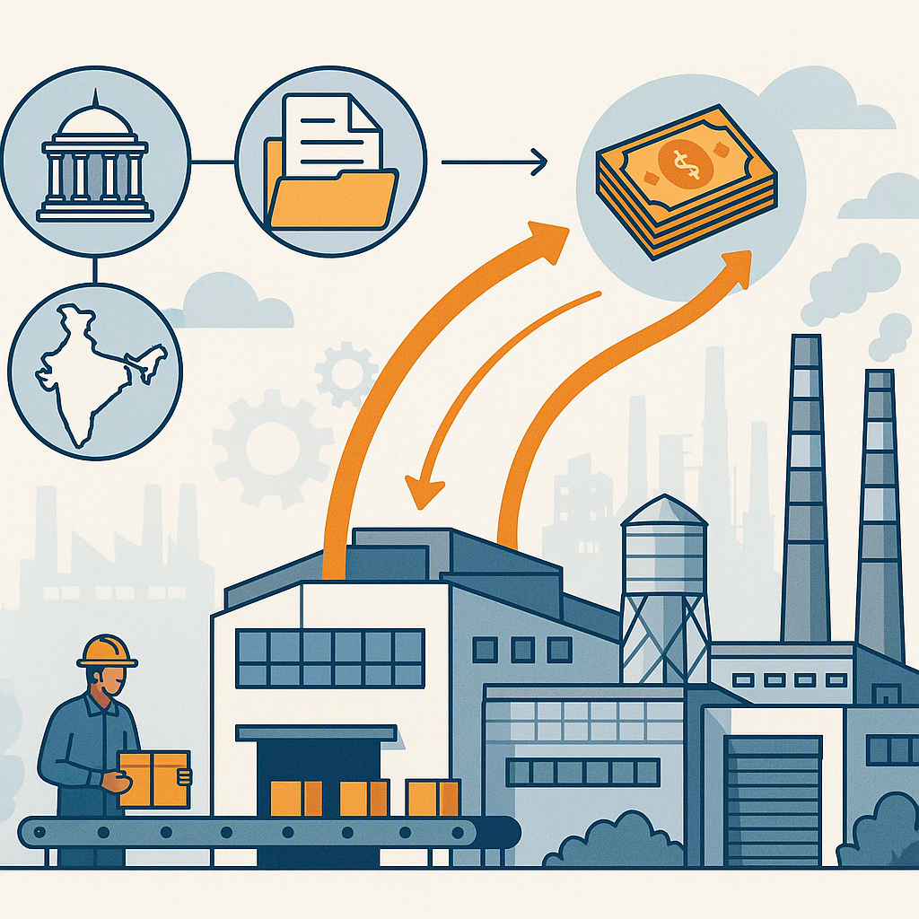 A detailed illustration showing a modern Indian manufacturing unit receiving government subsidy benefits, with icons rep...