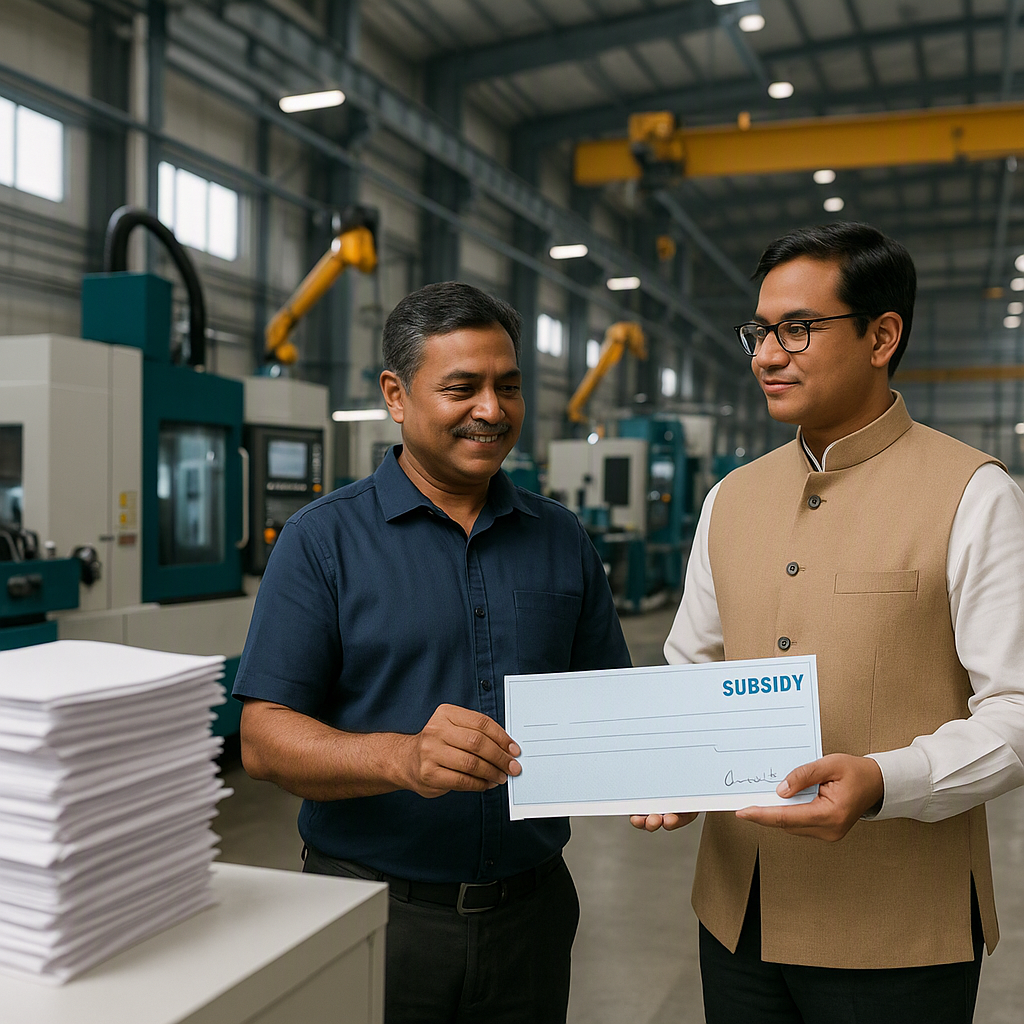 An Indian manufacturing factory with modern machinery, a stack of paperwork, and a government official handing over a su...