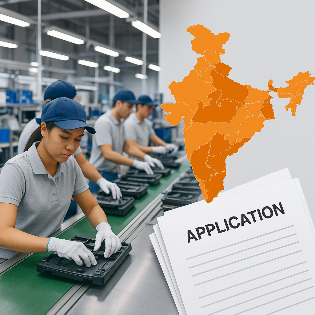 A manufacturing unit with workers assembling products, overlaid with a map of India highlighting states offering subsidi...