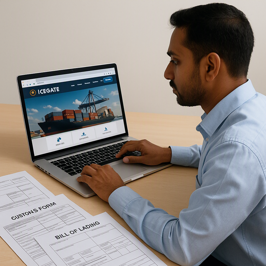 An Indian exporter at a desk using a laptop with ICEGATE's portal open on the screen, surrounded by shipping documents a...