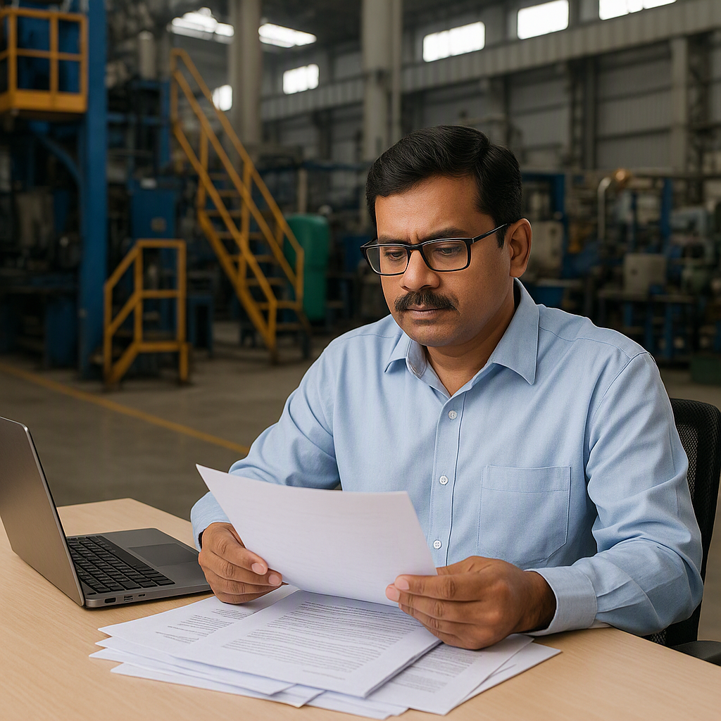 An Indian MSME owner reviewing documents at a desk, with a factory setup in the background. Papers and a laptop in front...