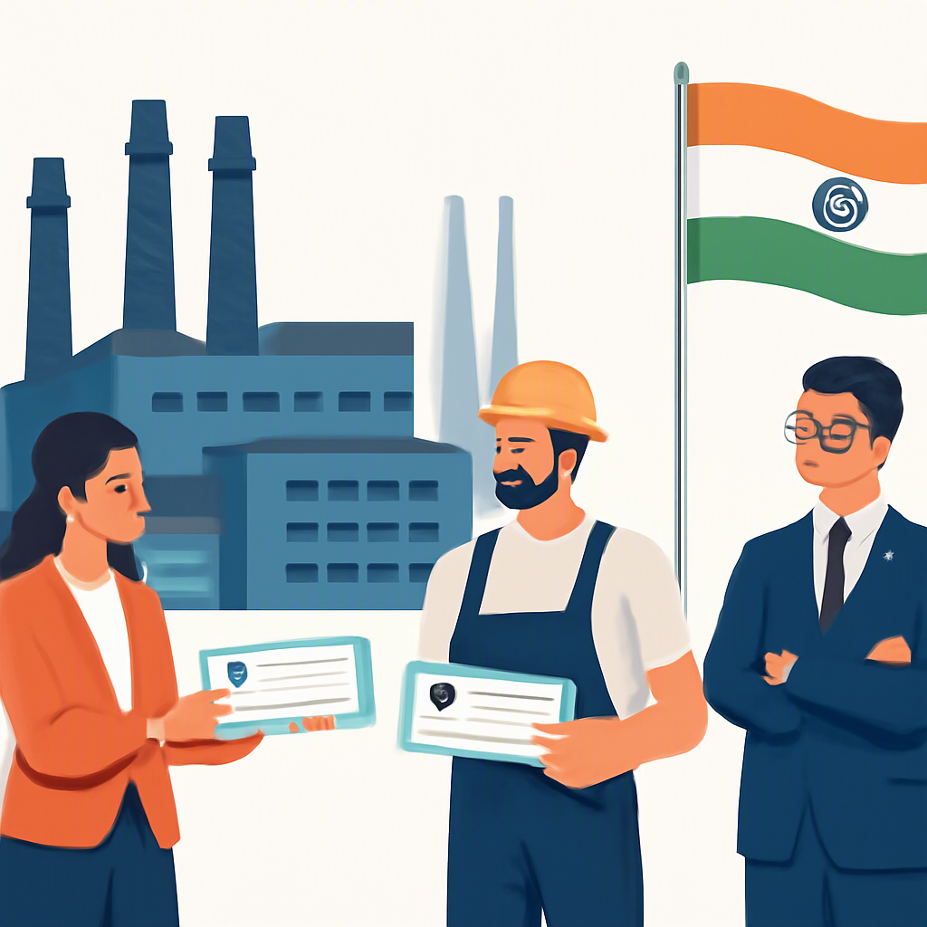A professional illustration of an Indian manufacturing unit receiving government subsidy cheques, with a backdrop of a f...