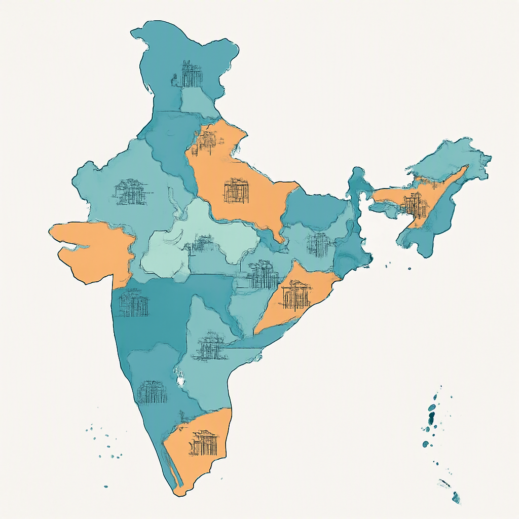 A detailed map of India with state boundaries highlighted, each state labeled with icons representing industries like ma...