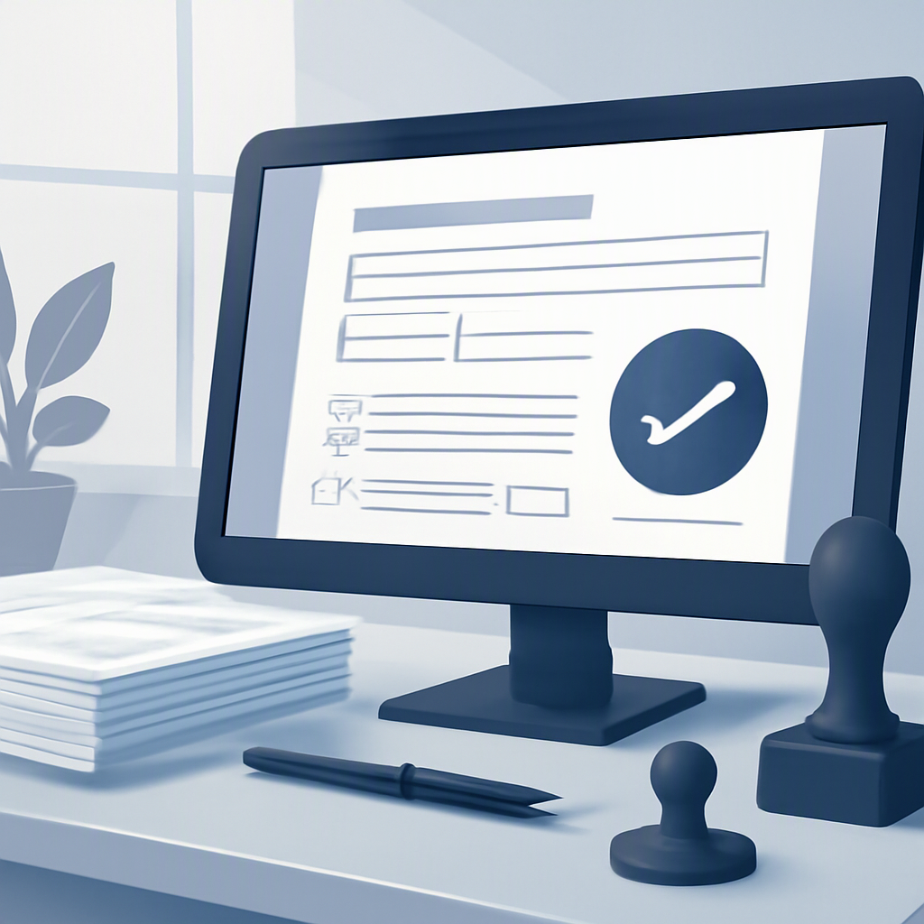 A detailed workspace with a stack of official documents, a computer with an open application form, and a stamp/seal symb...