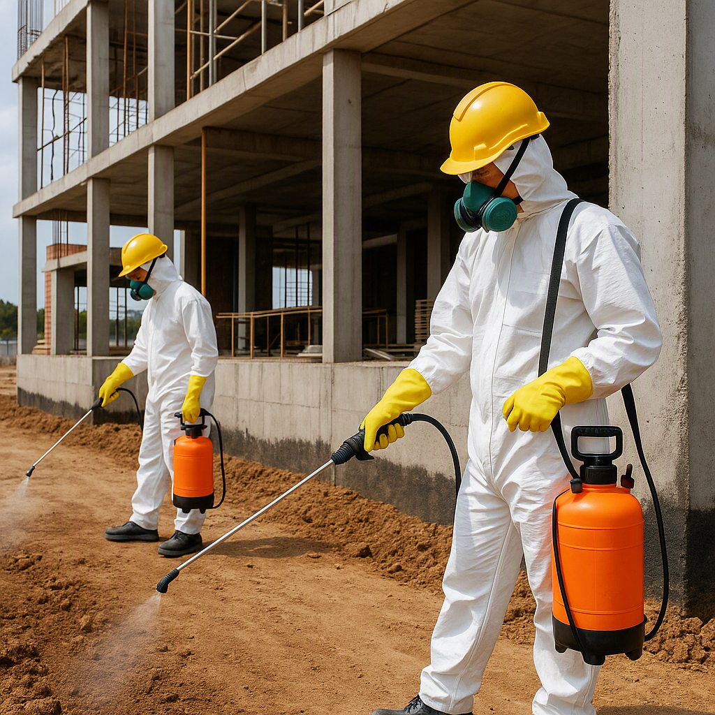 An under-construction building with a soil treatment process underway, showing workers applying termiticide with safety...