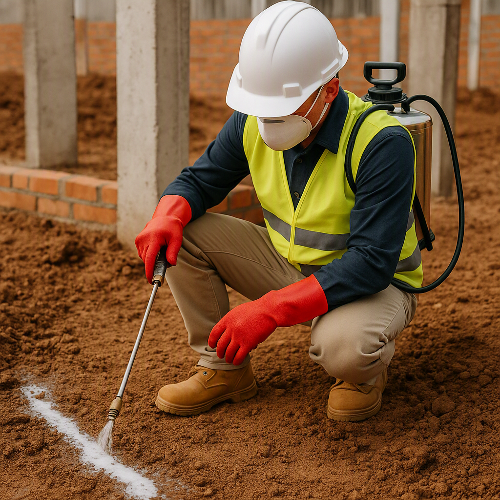 A construction site with a technician applying termite treatment to soil. Show close-up details of treated areas and saf...
