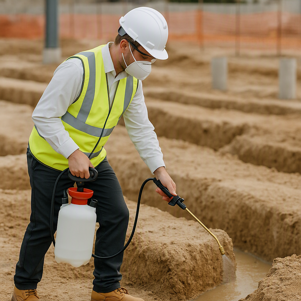 A professional termite control technician applying anti-termite spray at a construction site, with visible foundation tr...