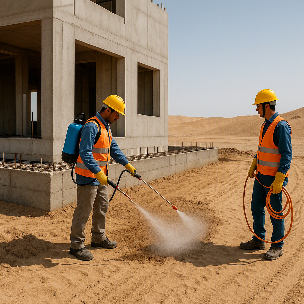 A construction site in Oman with a clear focus on workers applying soil treatment chemicals around a building foundation...