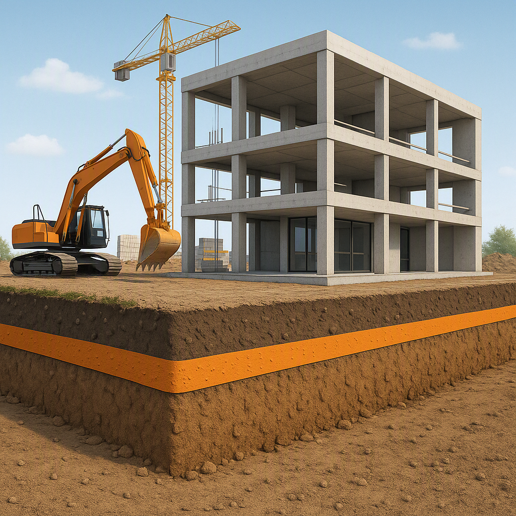 A construction site with a clear visualization of soil treatment against termites. Show a cross-section of soil being tr...