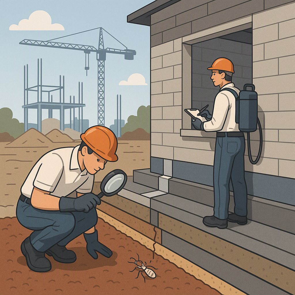 A detailed illustration of a construction site with termite prevention measures: treated soil layers, physical barriers...