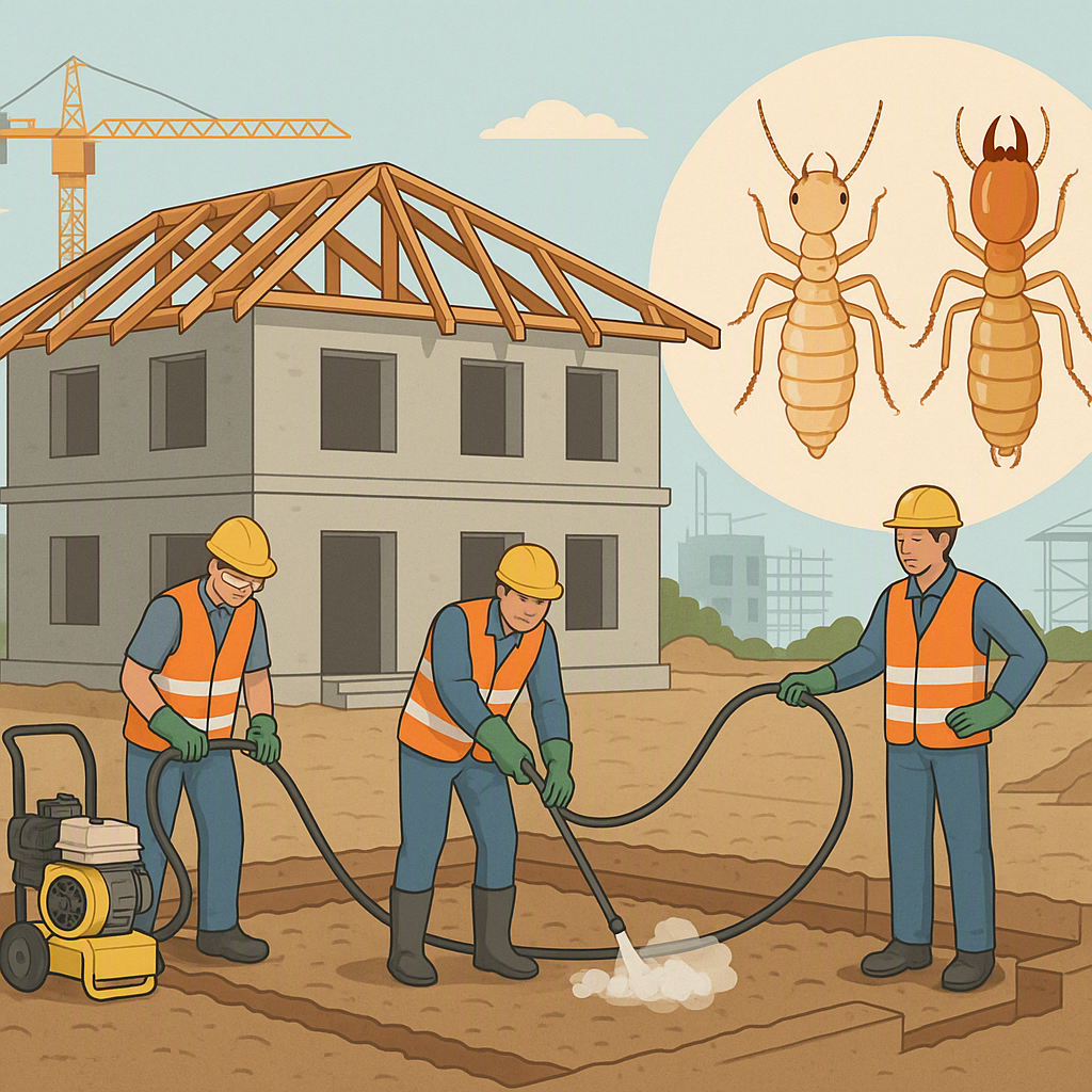 A detailed illustration of a construction site with a termite treatment process in action—showing workers applying soil...