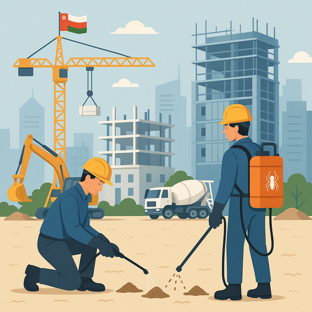 Illustration of a modern Oman construction site with termite treatment being applied to the soil, showing equipment and...