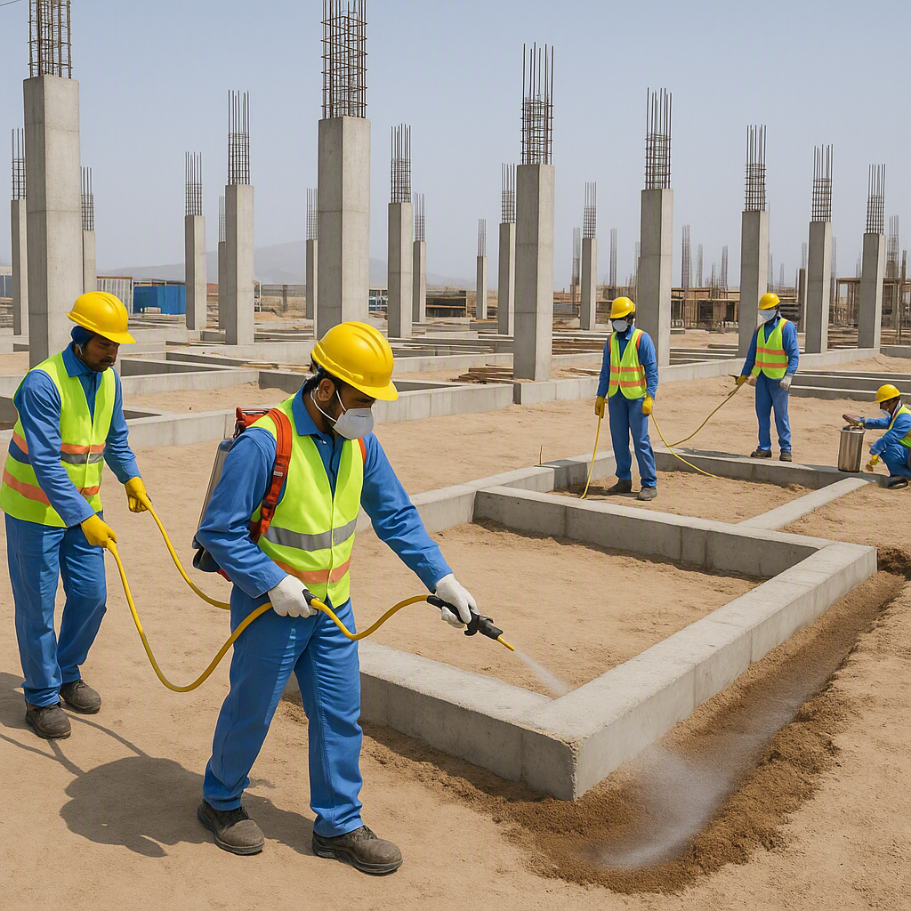 A construction site in Oman with visible anti-termite soil treatment being applied. Workers in safety gear are using spe...