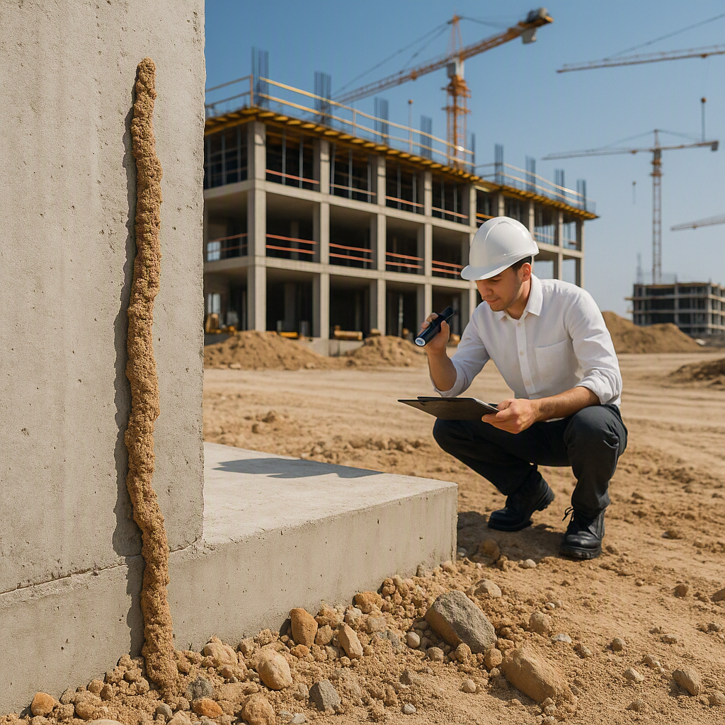 A modern construction site in Oman with a partial building foundation, termite mud tubes highlighted in the foreground,...