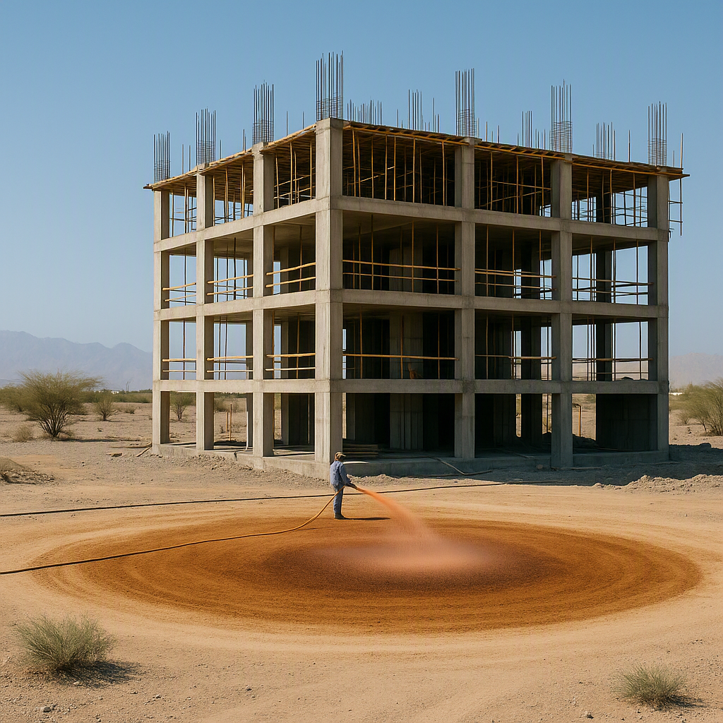 An under-construction building in Oman with visible soil treatment being applied, surrounded by arid landscaping and a c...