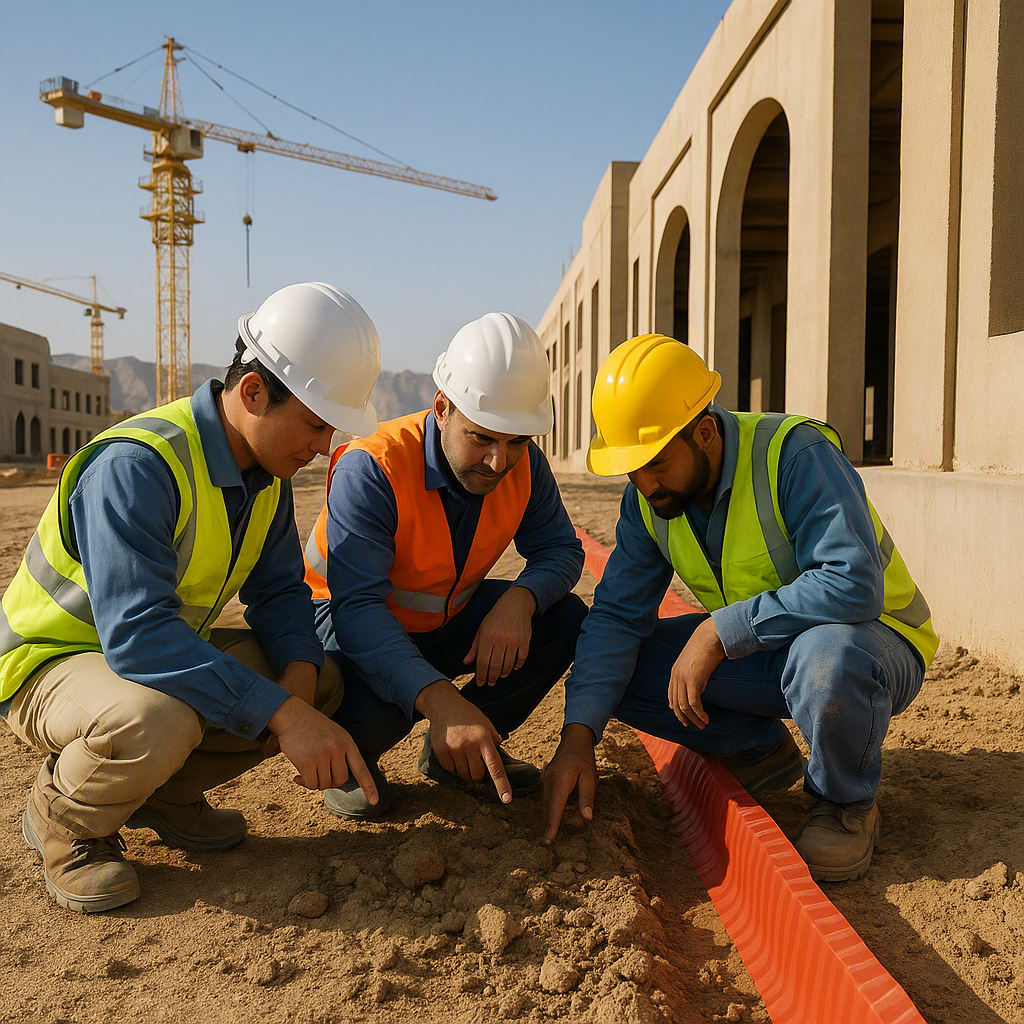 A construction site in Oman with a focus on workers inspecting the soil for termites, with a barrier installation in pro...
