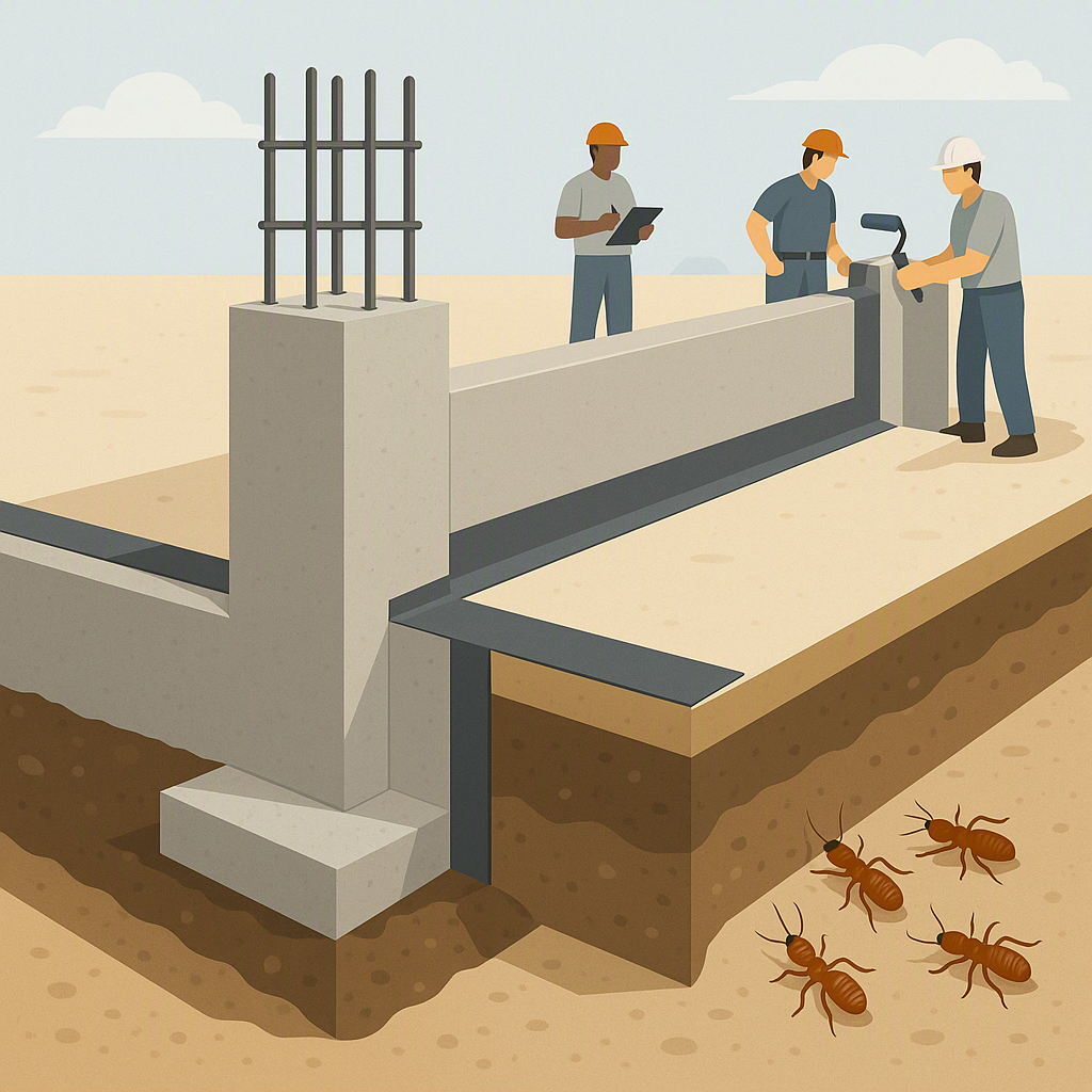 A detailed illustration of a foundation cross-section showing horizontal and vertical termite barriers being applied, wi...