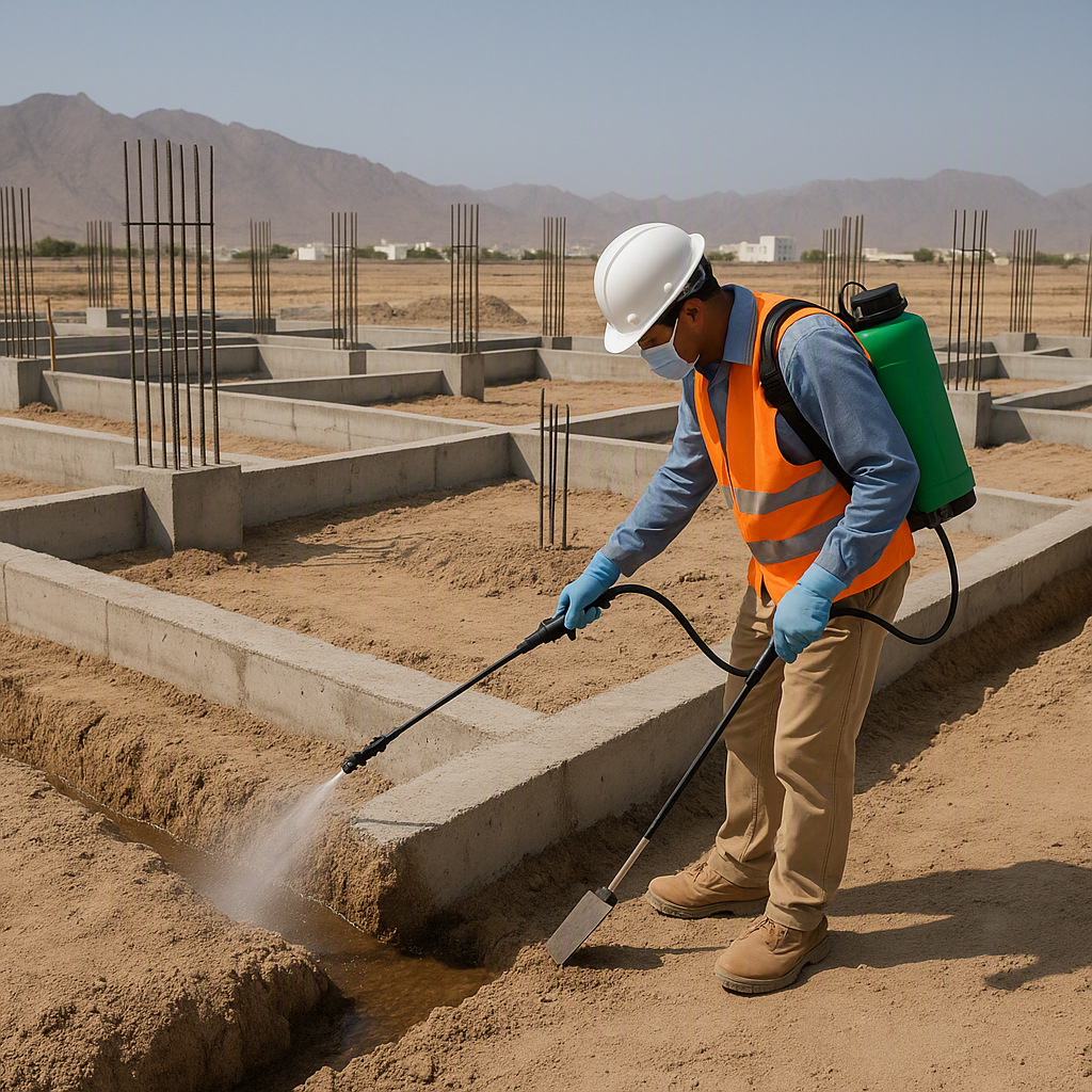 A construction site in Oman with foundation trenches being treated for termite control, showcasing a worker applying che...