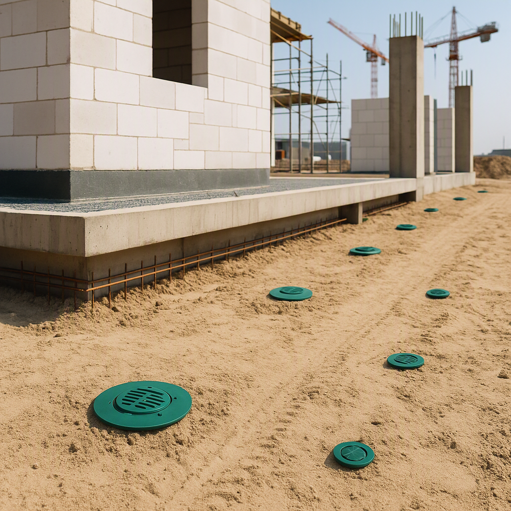 A construction site in Oman with termite bait stations being installed around the foundation, highlighting sandy soil an...
