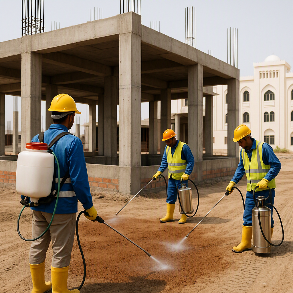 An under-construction building site in Oman with workers applying termite treatment to the soil using professional equip...