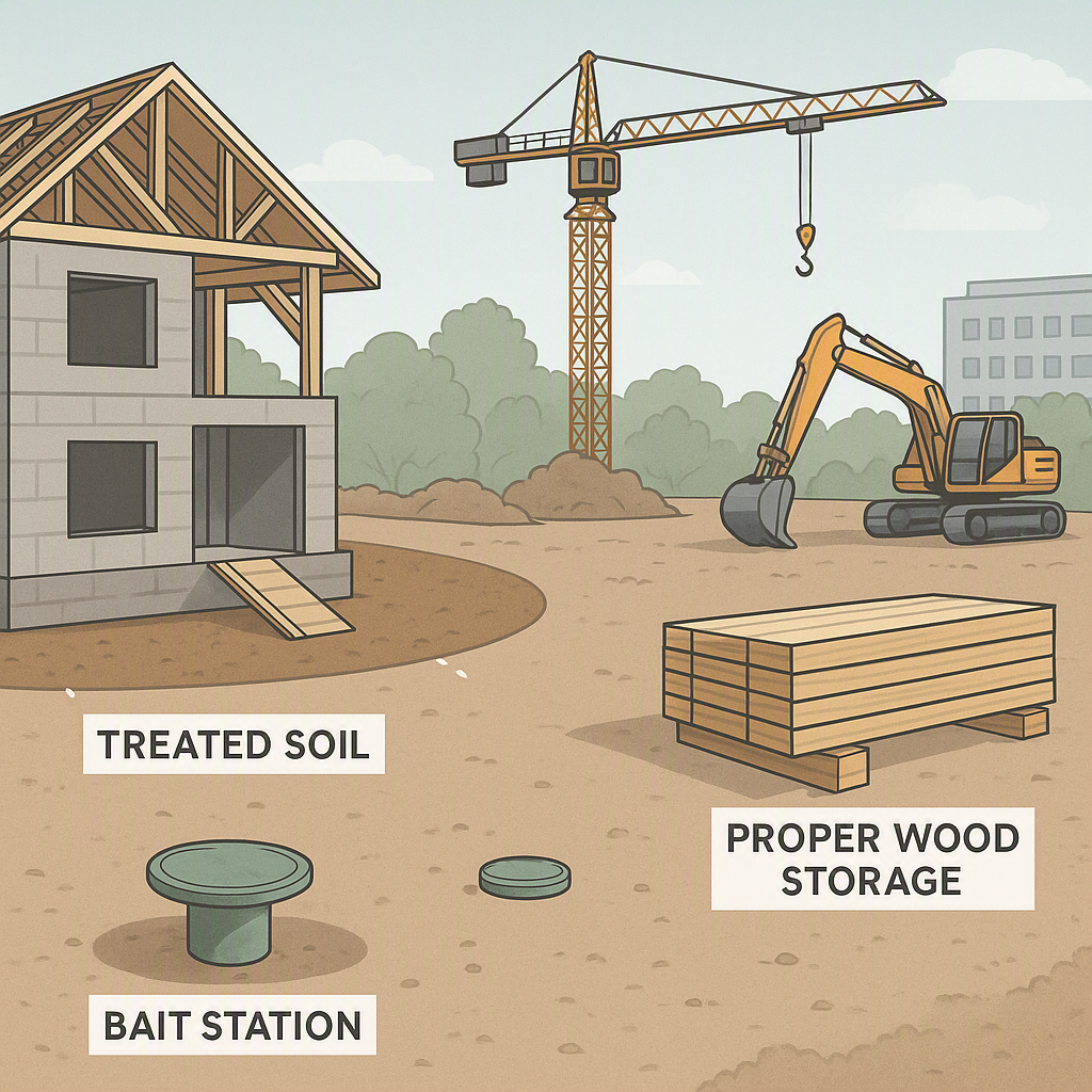 A detailed illustration of a construction site with labeled termite prevention measures: treated soil, bait stations, an...