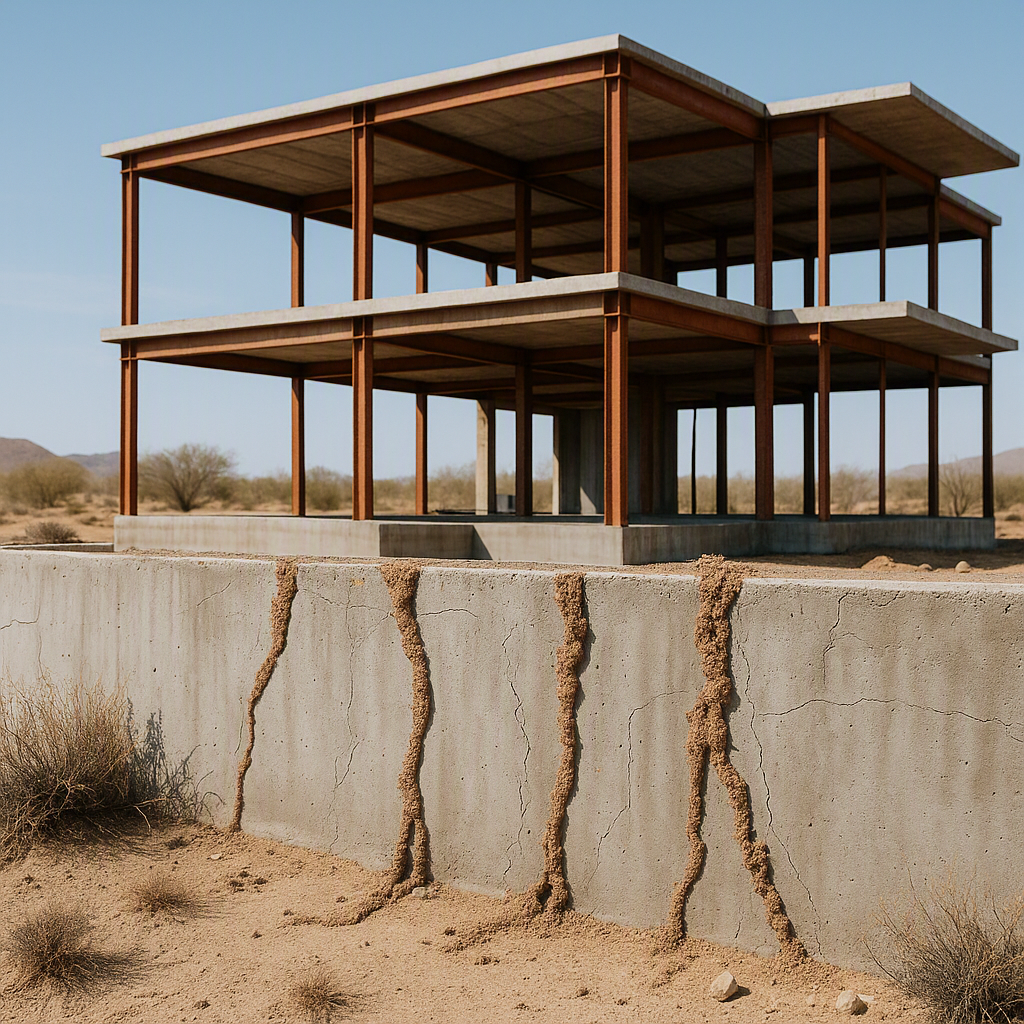 A partially constructed building with visible termite mud tubes on a concrete foundation, surrounded by desert terrain.