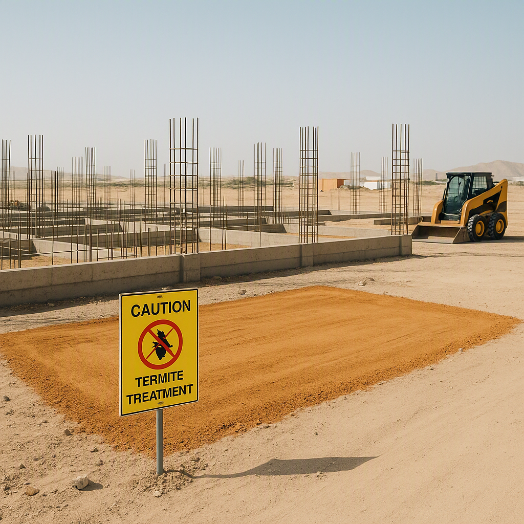A construction site in Oman with visible termite protection measures, like treated soil and caution signage, in a hot, a...
