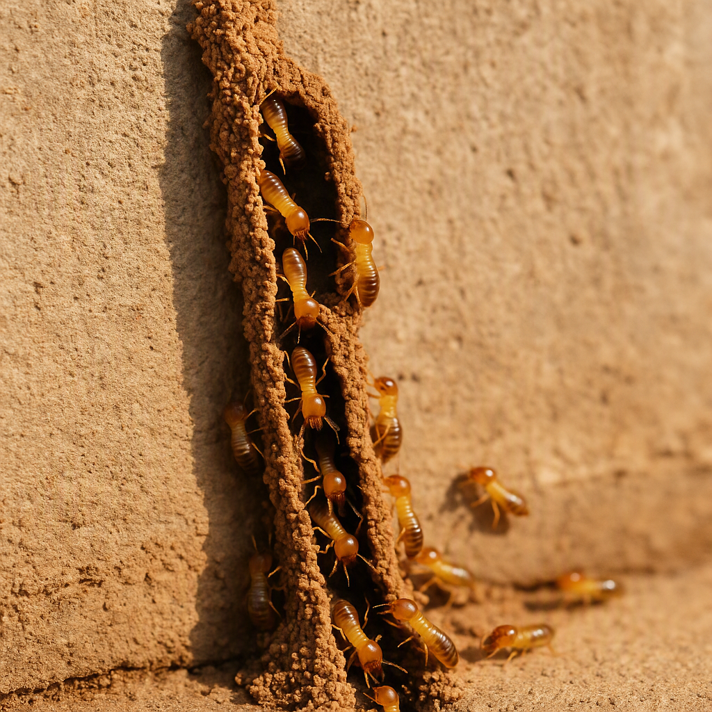 A close-up of a mud tube on a concrete foundation, with termites crawling through it. Warm, natural lighting to match Om...