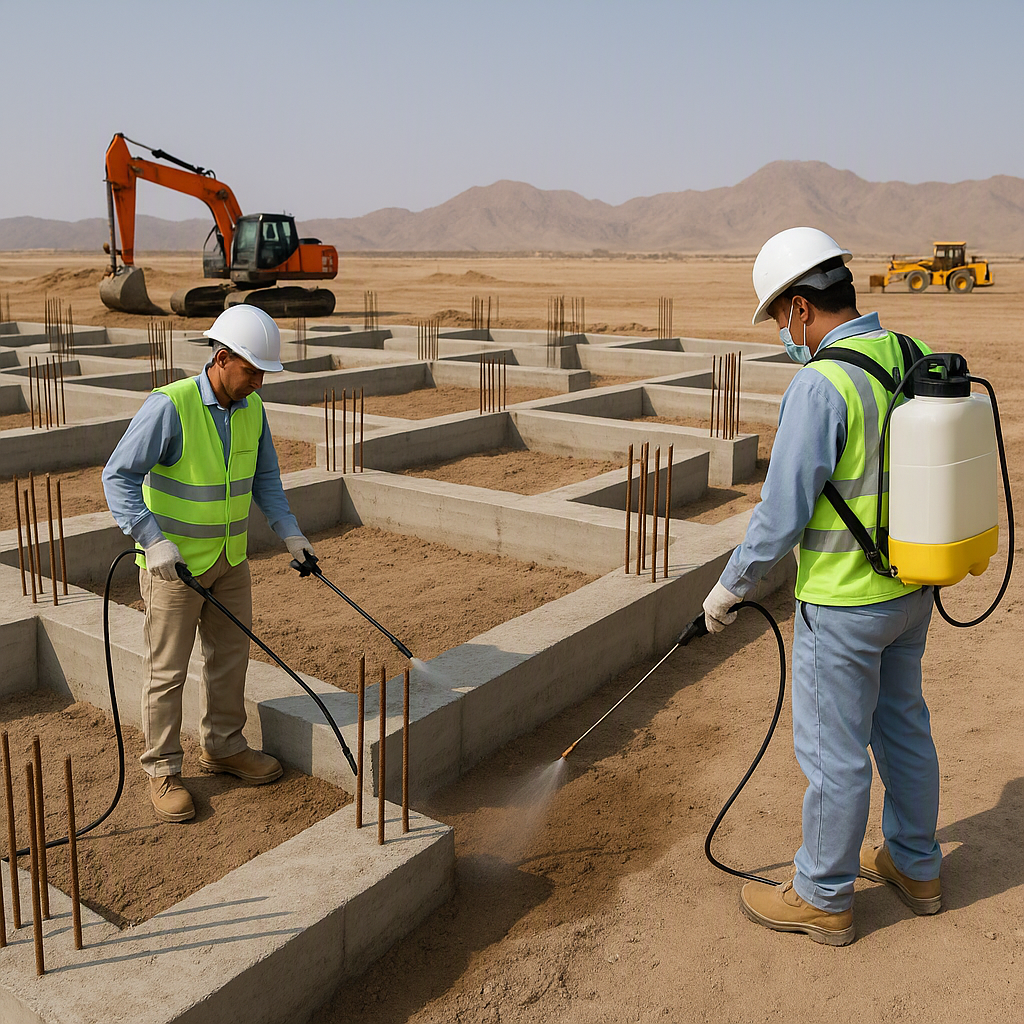 A construction site in Oman with visible foundations being treated for termites. Include technicians applying anti-termi...