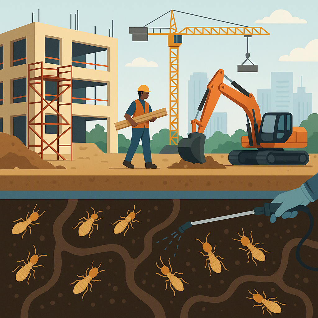 A detailed illustration of a construction site with an overlay showing termites underground and a protective barrier bei...