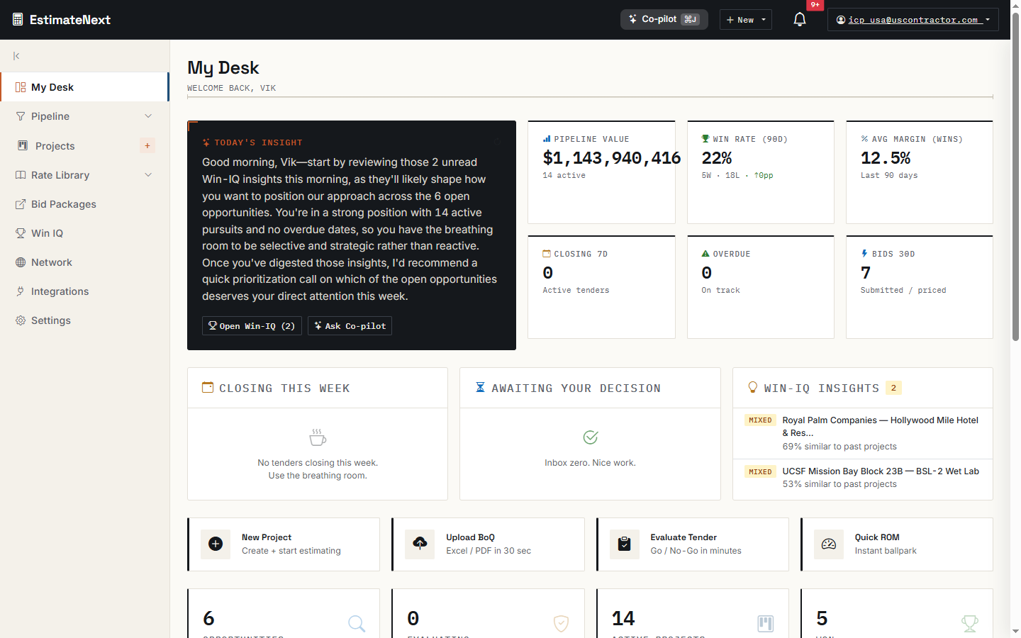EstimateNext dashboard showing project estimation overview with KPI metrics