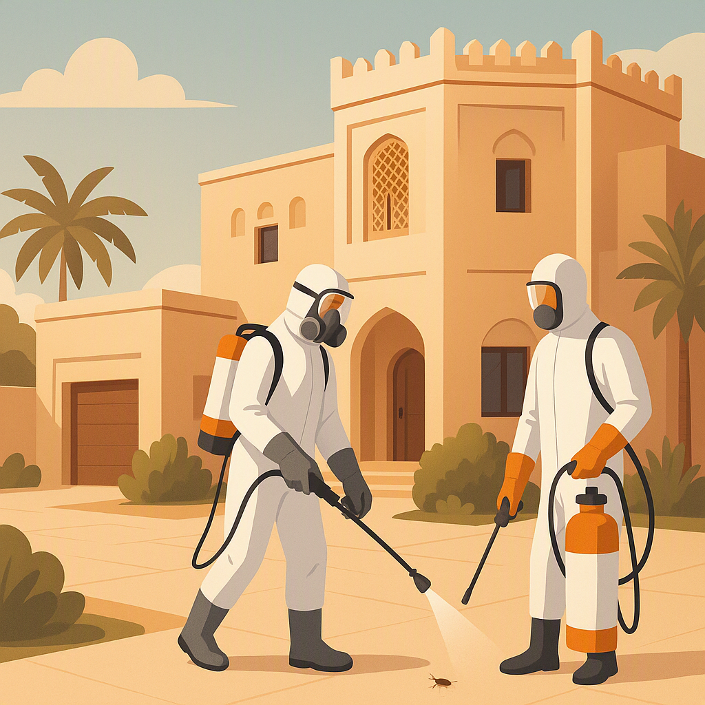 technicians performing pest control in a GCC-style residential area