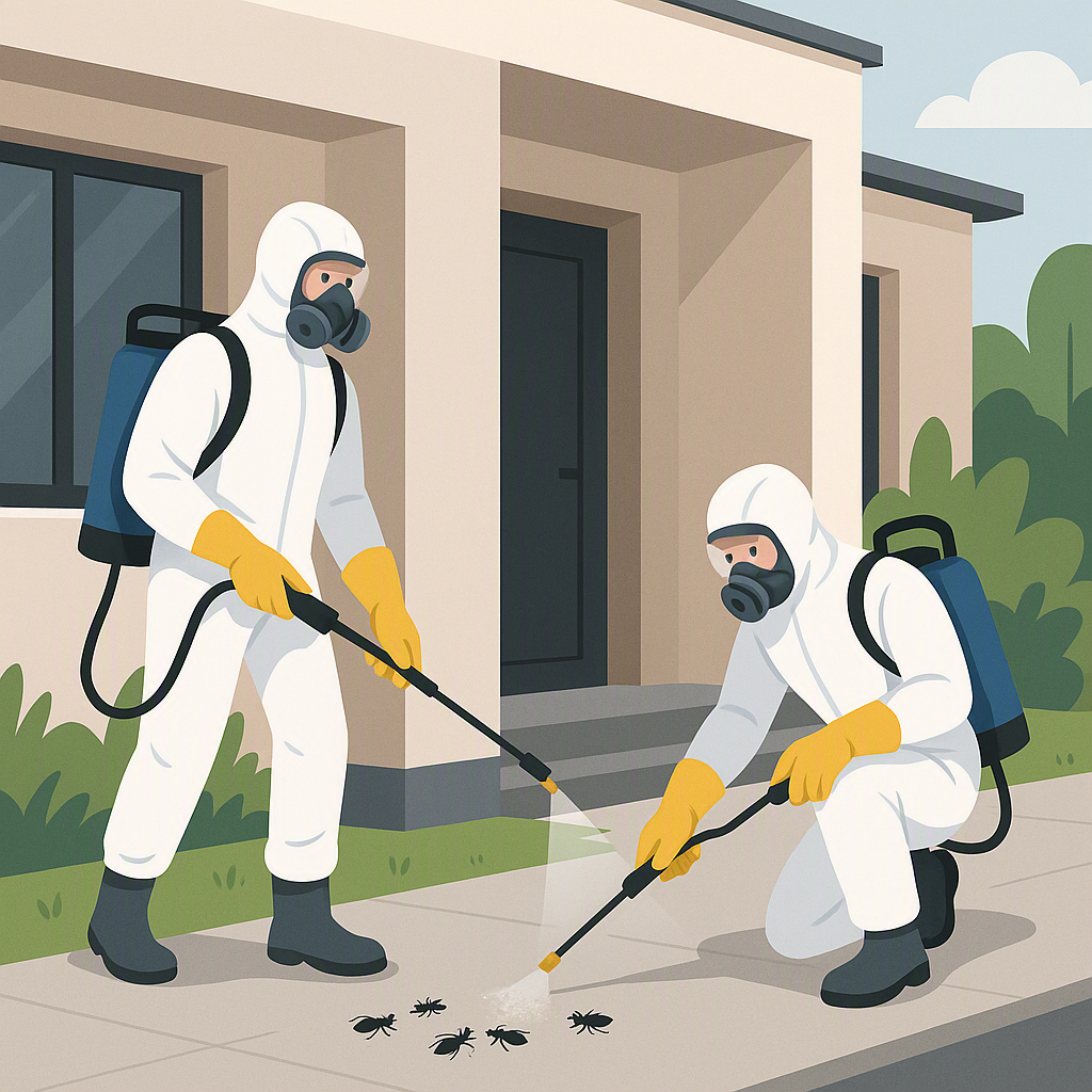 pest control technicians treating a building