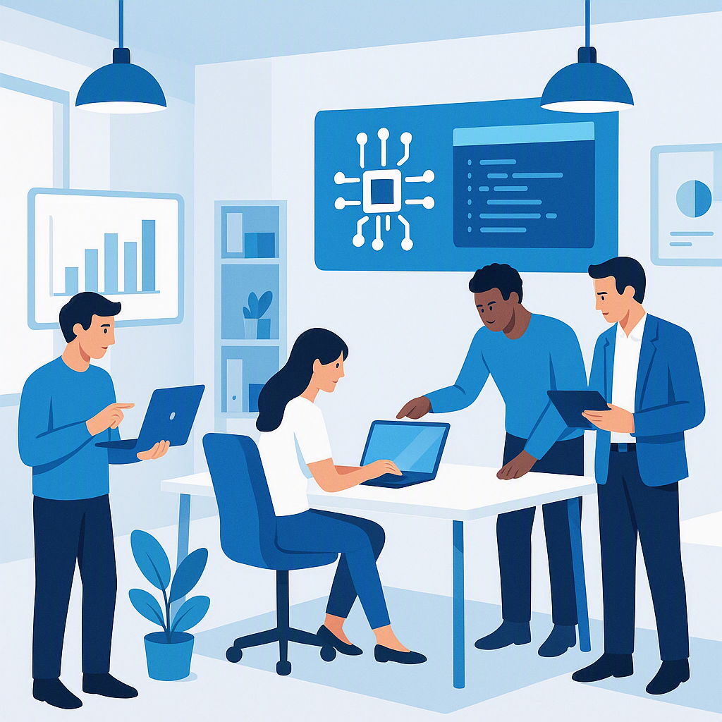illustration of a technology company office with people collaborating