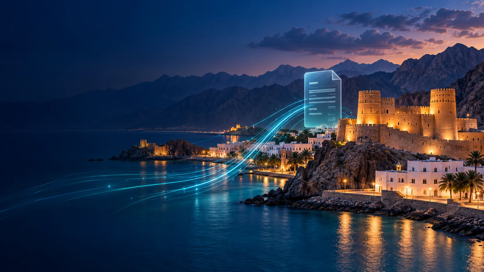 Concept illustration of Omani architecture and an electronic invoice